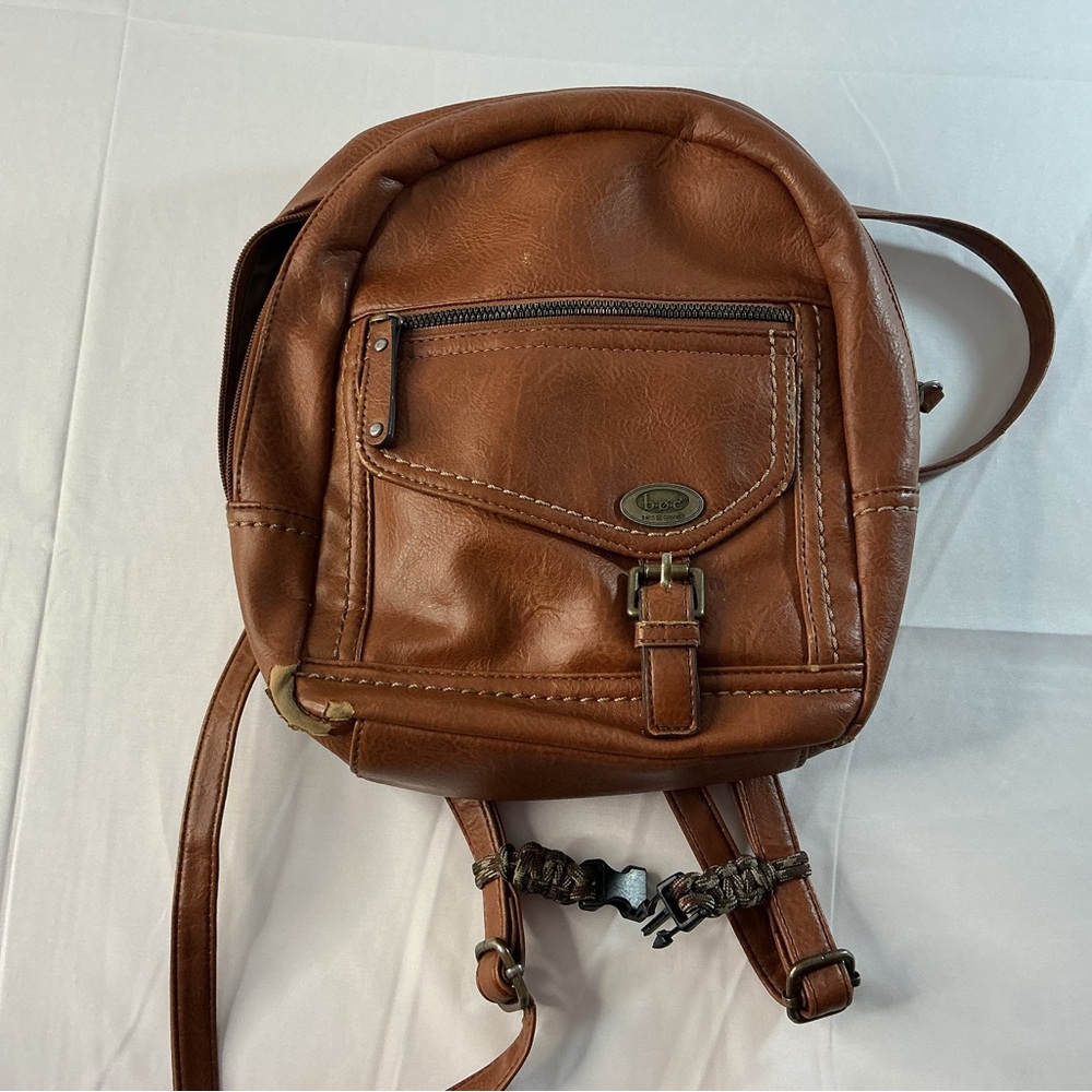 boc Tan Leather Mini Backpack with Front Buckle Pocket